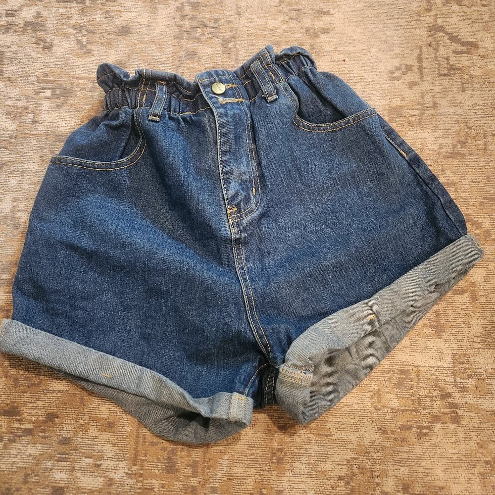 Plaid&Plain Women's High Waisted Denim Shorts Rolled Blue Jean Shorts